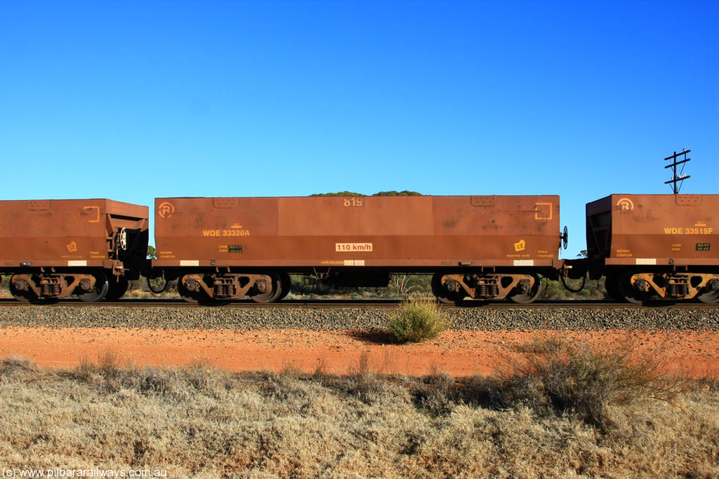100731 02485
WOE type iron ore waggon WOE 33320 is one of a batch of one hundred and forty one built by United Goninan WA between November 2005 and April 2006 with serial number 950142-025 and fleet number 819 for Koolyanobbing iron ore operations, on empty train 6418 at Binduli Triangle, 31st July 2010.
Keywords: WOE-type;WOE33320;United-Goninan-WA;950142-025;