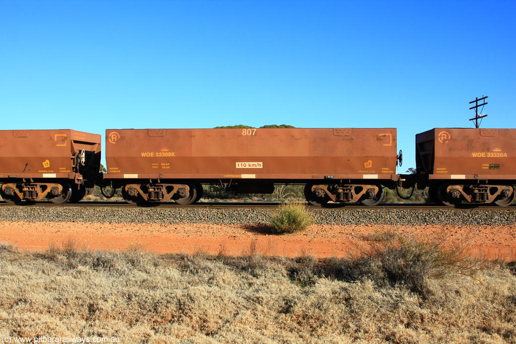 100731 02486
WOE type iron ore waggon WOE 33308 is one of a batch of one hundred and forty one built by United Goninan WA between November 2005 and April 2006 with serial number 950142-013 and fleet number 807 for Koolyanobbing iron ore operations, on empty train 6418 at Binduli Triangle, 31st July 2010.
Keywords: WOE-type;WOE33308;United-Goninan-WA;950142-013;