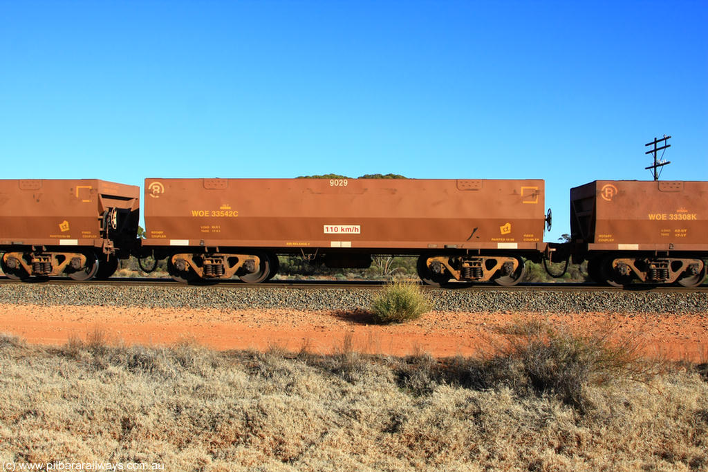 100731 02487
WOE type iron ore waggon WOE 33542 is one of a batch of one hundred and twenty eight built by United Group Rail WA between August 2008 and March 2009 with serial number 950211-082 and fleet number 9029 for Koolyanobbing iron ore operations, on empty train 6418 at Binduli Triangle, 31st July 2010.
Keywords: WOE-type;WOE33542;United-Group-Rail-WA;950211-082;