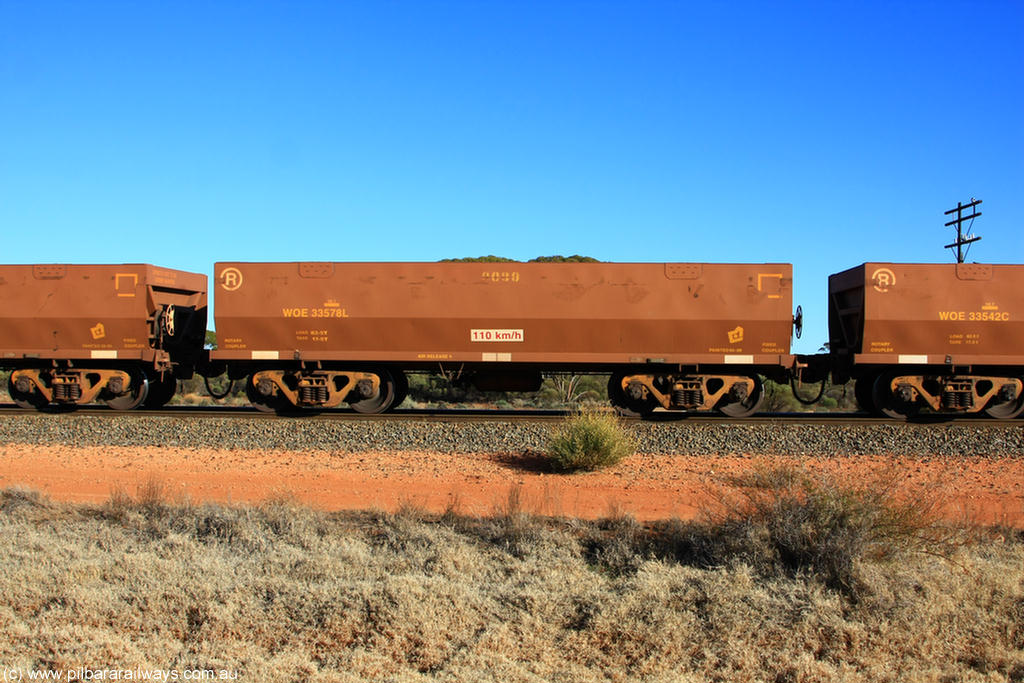 100731 02488
WOE type iron ore waggon WOE 33578 is one of a batch of one hundred and twenty eight built by United Group Rail WA between August 2008 and March 2009 with serial number 950211-118 and fleet number 9080 for Koolyanobbing iron ore operations, on empty train 6418 at Binduli Triangle, 31st July 2010.
Keywords: WOE-type;WOE33578;United-Group-Rail-WA;950211-118;