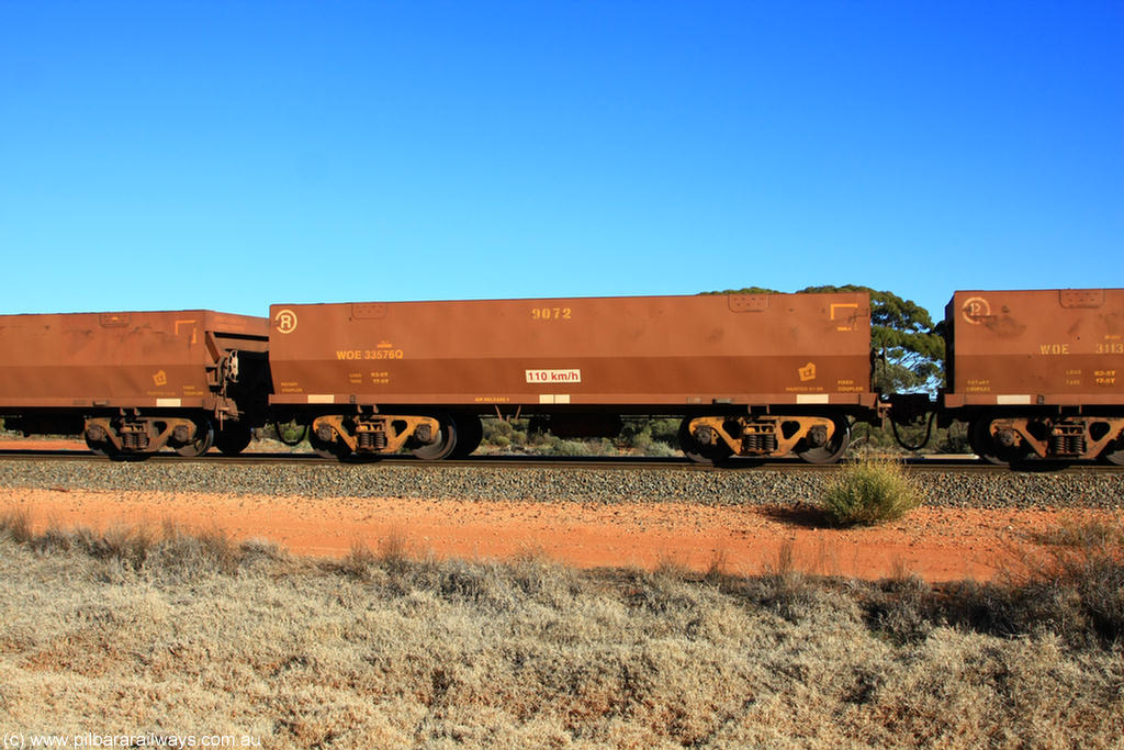 100731 02494
WOE type iron ore waggon WOE 33576 is one of a batch of one hundred and twenty eight built by United Group Rail WA between August 2008 and March 2009 with serial number 950211-116 and fleet number 9072 for Koolyanobbing iron ore operations, on empty train 6418 at Binduli Triangle, 31st July 2010.
Keywords: WOE-type;WOE33576;United-Group-Rail-WA;950211-116;