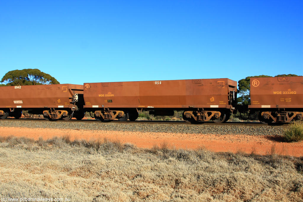 100731 02496
WOE type iron ore waggon WOE 33359 is one of a batch of one hundred and forty one built by United Goninan WA between November 2005 and April 2006 with serial number 950142-064 and fleet number 858 for Koolyanobbing iron ore operations, on empty train 6418 at Binduli Triangle, 31st July 2010.
Keywords: WOE-type;WOE33359;United-Goninan-WA;950142-064;