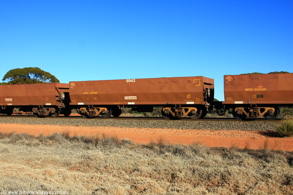100731 02497
WOE type iron ore waggon WOE 33446 is one of a batch of seventeen built by United Group Rail WA between July and August 2008 with serial number 950209-010 and fleet number 8942 for Koolyanobbing iron ore operations, on empty train 6418 at Binduli Triangle, 31st July 2010.
Keywords: WOE-type;WOE33446;United-Group-Rail-WA;950209-010;