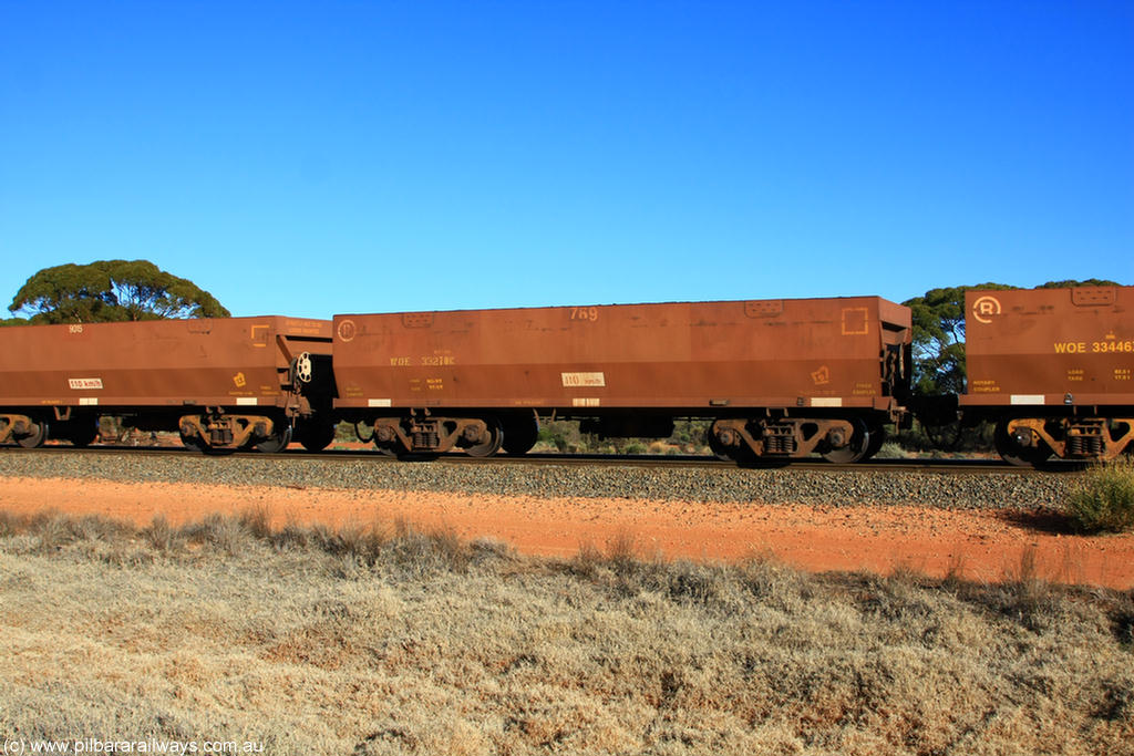 100731 02498
WOE type iron ore waggon WOE 33270 is one of a batch of thirty five built by Goninan WA between January and April 2005 with serial number 950104-010 and fleet number 769 for Koolyanobbing iron ore operations, on empty train 6418 at Binduli Triangle, 31st July 2010.
Keywords: WOE-type;WOE33270;Goninan-WA;950104-010;