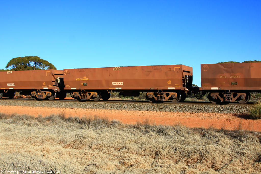 100731 02514
WOE type iron ore waggon WOE 33401 is one of a batch of one hundred and forty one built by United Group Rail WA between November 2005 and April 2006 with serial number 950142-106 and fleet number 8900 for Koolyanobbing iron ore operations, on empty train 6418 at Binduli Triangle, 31st July 2010.
Keywords: WOE-type;WOE33401;United-Group-Rail-WA;950142-106;