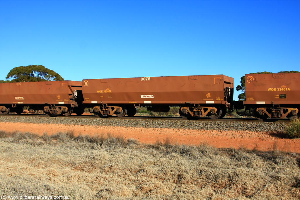 100731 02515
WOE type iron ore waggon WOE 33582 is one of a batch of one hundred and twenty eight built by United Group Rail WA between August 2008 and March 2009 with serial number 950211-122 and fleet number 9076 for Koolyanobbing iron ore operations, on empty train 6418 at Binduli Triangle, 31st July 2010.
Keywords: WOE-type;WOE33582;United-Group-Rail-WA;950211-122;