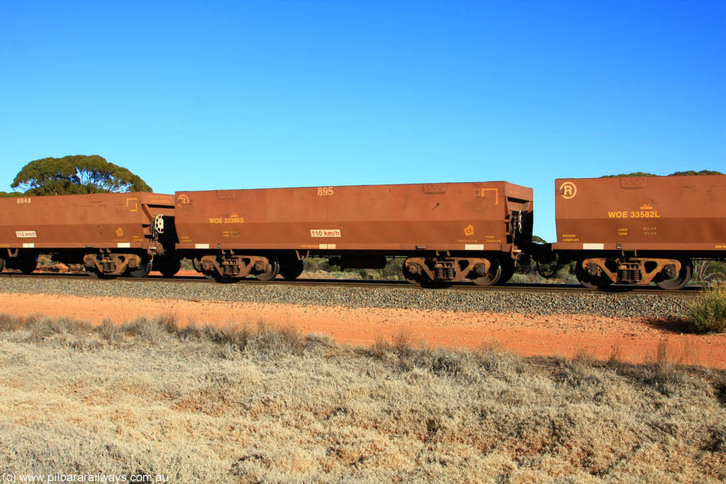 100731 02516
WOE type iron ore waggon WOE 33396 is one of a batch of one hundred and forty one built by United Group Rail WA between November 2005 and April 2006 with serial number 950142-101 and fleet number 895 for Koolyanobbing iron ore operations, on empty train 6418 at Binduli Triangle, 31st July 2010.
Keywords: WOE-type;WOE33396;United-Group-Rail-WA;950142-101;