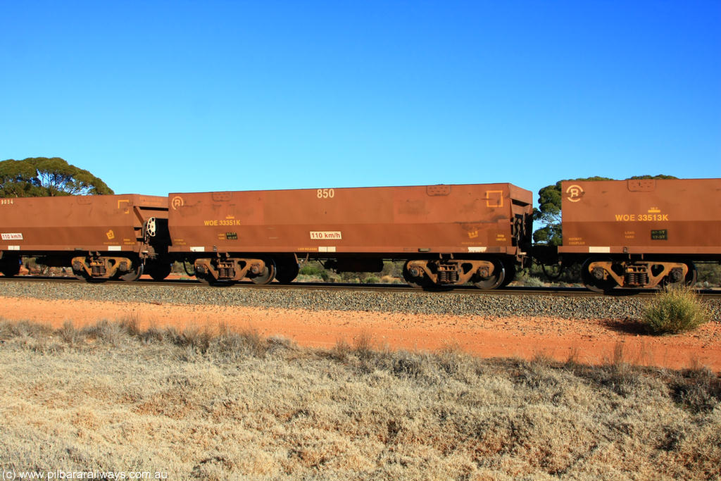 100731 02520
WOE type iron ore waggon WOE 33351 is one of a batch of one hundred and forty one built by United Goninan WA between November 2005 and April 2006 with serial number 950142-056 and fleet number 850 for Koolyanobbing iron ore operations, on empty train 6418 at Binduli Triangle, 31st July 2010.
Keywords: WOE-type;WOE33351;United-Goninan-WA;950142-056;