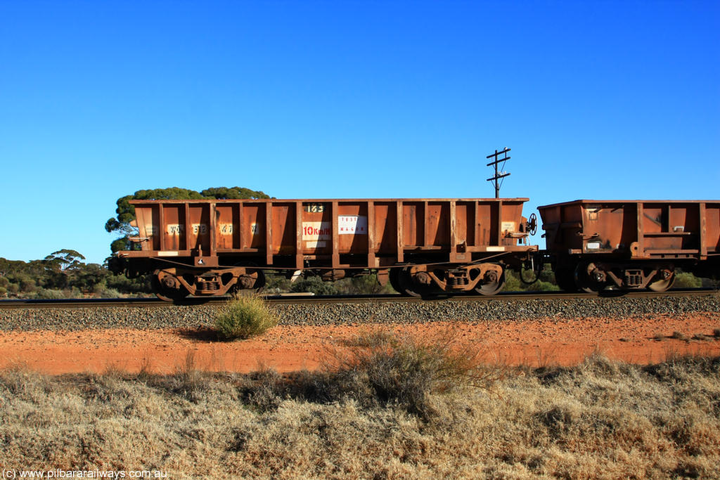 100731 02541
WO type iron ore waggon WO 31247 is one of a batch of sixty two built by Goninan WA between April and August 2000 with serial number 950086-008 and fleet number 138 for Koolyanobbing iron ore operations, TEST WAGGON, and is a Goninan built replacement WO type waggon that replaces the original WAGR built WO type waggon with the newer style WOD type and has square features opposed to the curved ones as on the original WO class, on empty train 6418 at Binduli Triangle, 31st July 2010.
Keywords: WO-type;WO31247;Goninan-WA;950086-008;