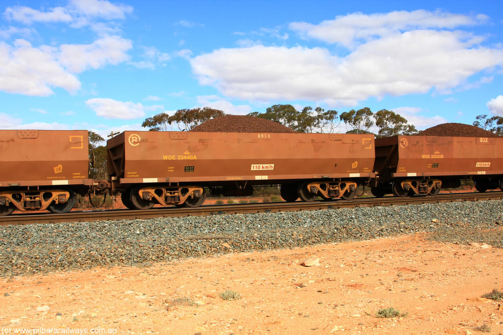 100731 02829
WOE type iron ore waggon WOE 33440 is one of a batch of seventeen built by United Group Rail WA between July and August 2008 with serial number 950209-004 and fleet number 8938 for Koolyanobbing iron ore operations, on loaded train 7415 at Binduli Triangle, 31st July 2010.
Keywords: WOE-type;WOE33440;United-Group-Rail-WA;950209-004;