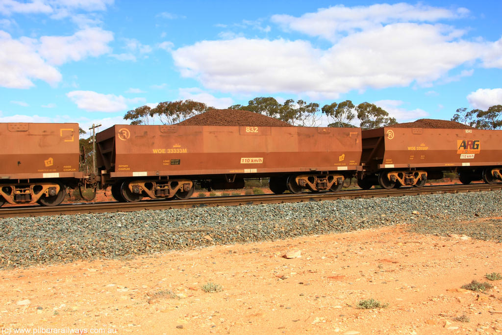 100731 02830
WOE type iron ore waggon WOE 33333 is one of a batch of one hundred and forty one built by United Goninan WA between November 2005 and April 2006 with serial number 950142-038 and fleet number 832 for Koolyanobbing iron ore operations, on loaded train 7415 at Binduli Triangle, 31st July 2010.
Keywords: WOE-type;WOE33333;United-Goninan-WA;950142-038;