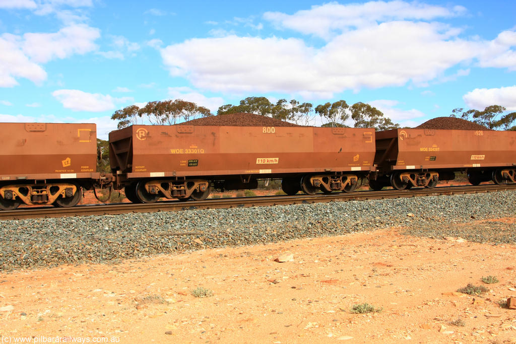 100731 02832
WOE type iron ore waggon WOE 33301 is one of a batch of one hundred and forty one built by United Goninan WA between November 2005 and April 2006 with serial number 950142-006 and fleet number 800 for Koolyanobbing iron ore operations, on loaded train 7415 at Binduli Triangle, 31st July 2010.
Keywords: WOE-type;WOE33301;United-Goninan-WA;950142-006;