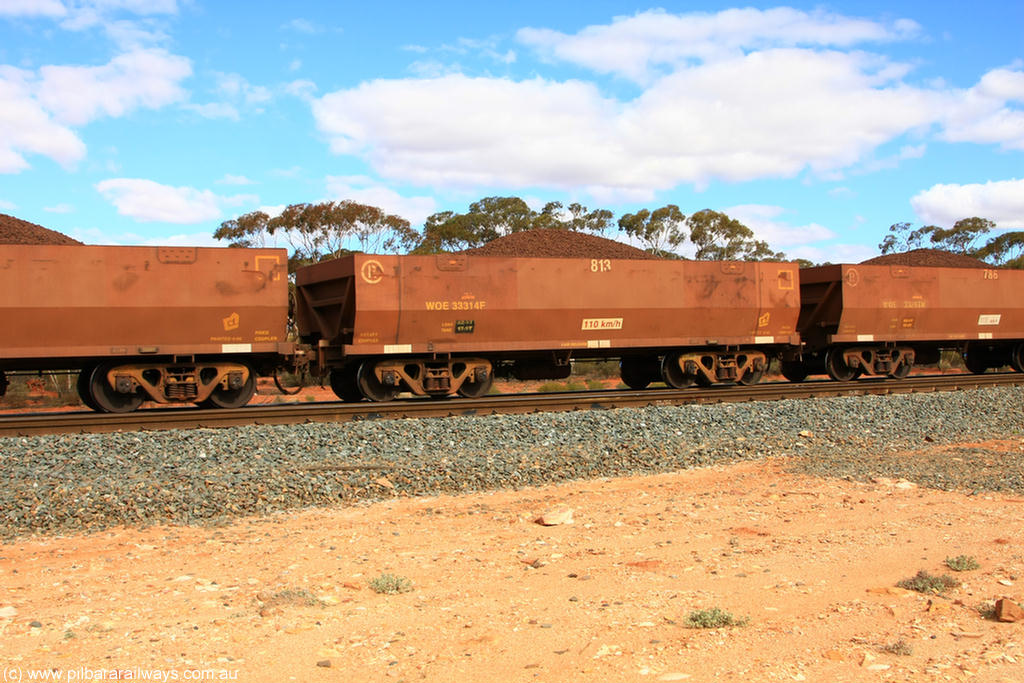 100731 02834
WOE type iron ore waggon WOE 33314 is one of a batch of one hundred and forty one built by United Goninan WA between November 2005 and April 2006 with serial number 950142-019 and fleet number 813 for Koolyanobbing iron ore operations, on loaded train 7415 at Binduli Triangle, 31st July 2010.
Keywords: WOE-type;WOE33314;United-Goninan-WA;950142-019;