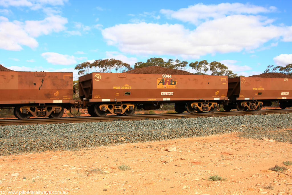 100731 02838
WOE type iron ore waggon WOE 33553 is one of a batch of one hundred and twenty eight built by United Group Rail WA between August 2008 and March 2009 with serial number 950211-093 and fleet number 9044 for Koolyanobbing iron ore operations, on loaded train 7415 at Binduli Triangle, 31st July 2010.
Keywords: WOE-type;WOE33553;United-Group-Rail-WA;950211-093;