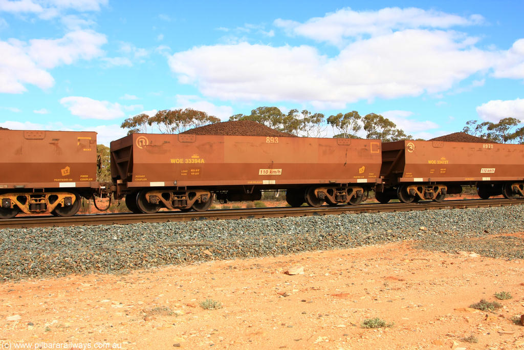 100731 02842
WOE type iron ore waggon WOE 33394 is one of a batch of one hundred and forty one built by United Group Rail WA between November 2005 and April 2006 with serial number 950142-099 and fleet number 893 for Koolyanobbing iron ore operations, on loaded train 7415 at Binduli Triangle, 31st July 2010.
Keywords: WOE-type;WOE33394;United-Group-Rail-WA;950142-099;