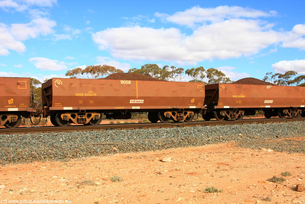 100731 02846
WOE type iron ore waggon WOE 33567 is one of a batch of one hundred and twenty eight built by United Group Rail WA between August 2008 and March 2009 with serial number 950211-107 and fleet number 9058 for Koolyanobbing iron ore operations, on loaded train 7415 at Binduli Triangle, 31st July 2010.
Keywords: WOE-type;WOE33567;United-Group-Rail-WA;950211-107;