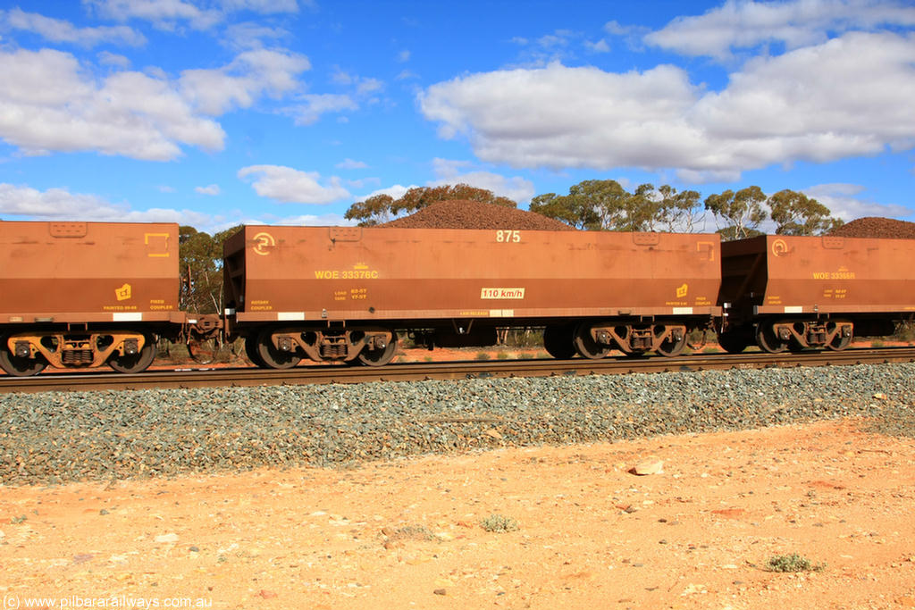 100731 02854
WOE type iron ore waggon WOE 33376 is one of a batch of one hundred and forty one built by United Goninan WA between November 2005 and April 2006 with serial number 950142-081 and fleet number 875 for Koolyanobbing iron ore operations, on loaded train 7415 at Binduli Triangle, 31st July 2010.
Keywords: WOE-type;WOE33376;United-Goninan-WA;950142-081;