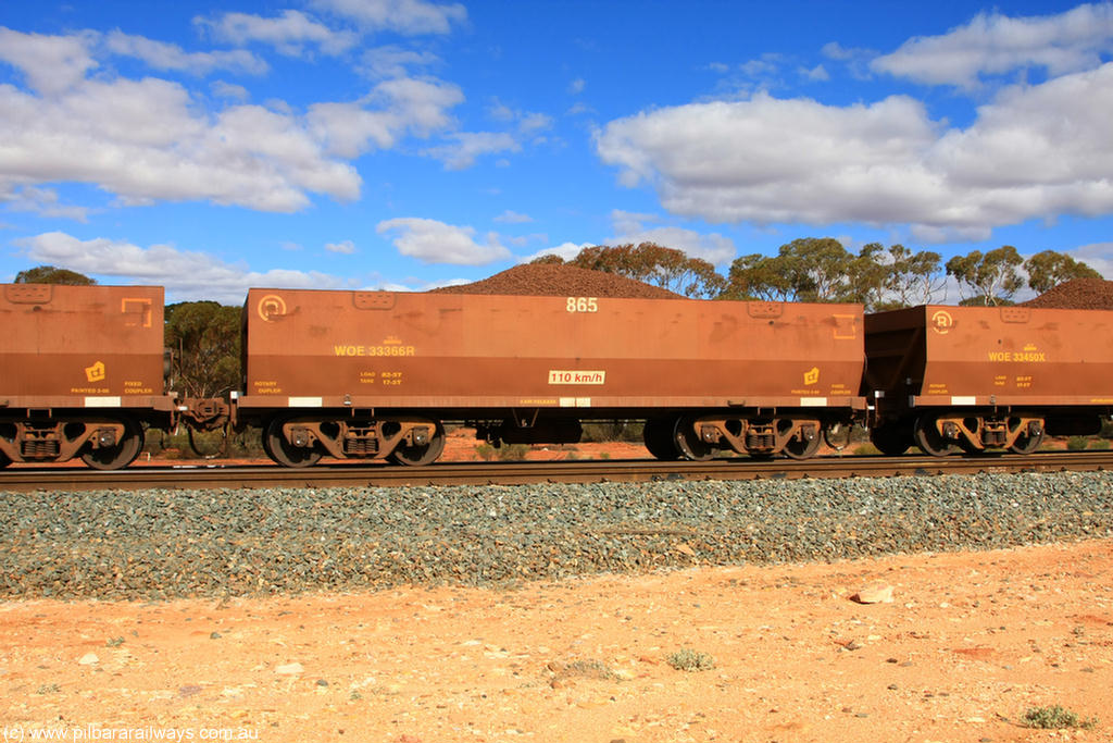100731 02855
WOE type iron ore waggon WOE 33366 is one of a batch of one hundred and forty one built by United Goninan WA between November 2005 and April 2006 with serial number 950142-071 and fleet number 865 for Koolyanobbing iron ore operations, on loaded train 7415 at Binduli Triangle, 31st July 2010.
Keywords: WOE-type;WOE33366;United-Goninan-WA;950142-071;