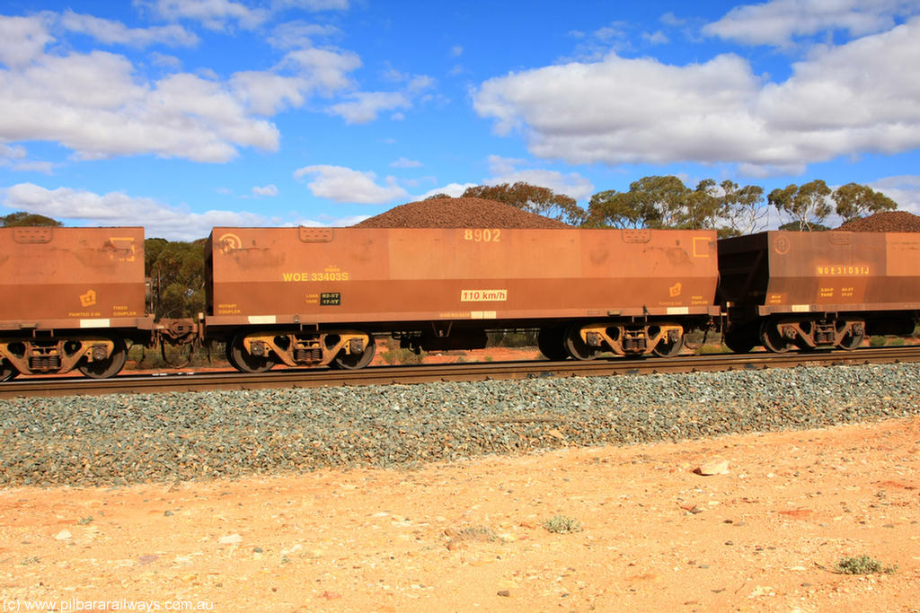 100731 02860
WOE type iron ore waggon WOE 33403 is one of a batch of one hundred and forty one built by United Group Rail WA between November 2005 and April 2006 with serial number 950142-108 and fleet number 8902 for Koolyanobbing iron ore operations, on loaded train 7415 at Binduli Triangle, 31st July 2010.
Keywords: WOE-type;WOE33403;United-Group-Rail-WA;950142-108;