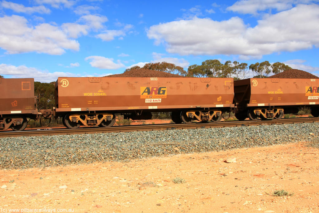 100731 02863
WOE type iron ore waggon WOE 33543 is one of a batch of one hundred and twenty eight built by United Group Rail WA between August 2008 and March 2009 with serial number 950211-083 and fleet number 9033 for Koolyanobbing iron ore operations, on loaded train 7415 at Binduli Triangle, 31st July 2010.
Keywords: WOE-type;WOE33543;United-Group-Rail-WA;950211-083;