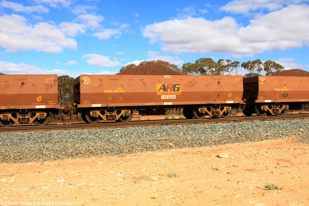 100731 02864
WOE type iron ore waggon WOE 33539 is one of a batch of one hundred and twenty eight built by United Group Rail WA between August 2008 and March 2009 with serial number 950211-079 and fleet number 9032 for Koolyanobbing iron ore operations, on loaded train 7415 at Binduli Triangle, 31st July 2010.
Keywords: WOE-type;WOE33539;United-Group-Rail-WA;950211-079;