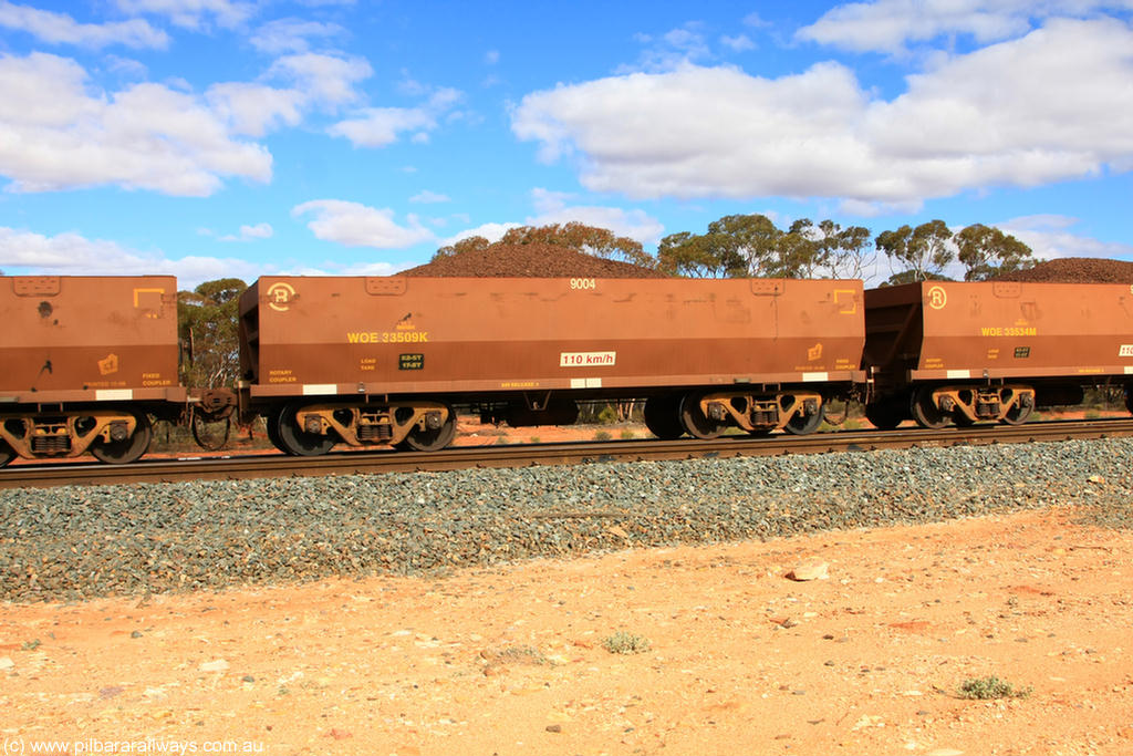 100731 02865
WOE type iron ore waggon WOE 33509 is one of a batch of one hundred and twenty eight built by United Group Rail WA between August 2008 and March 2009 with serial number 950211-049 and fleet number 9004 for Koolyanobbing iron ore operations, on loaded train 7415 at Binduli Triangle, 31st July 2010.
Keywords: WOE-type;WOE33509;United-Group-Rail-WA;950211-049;