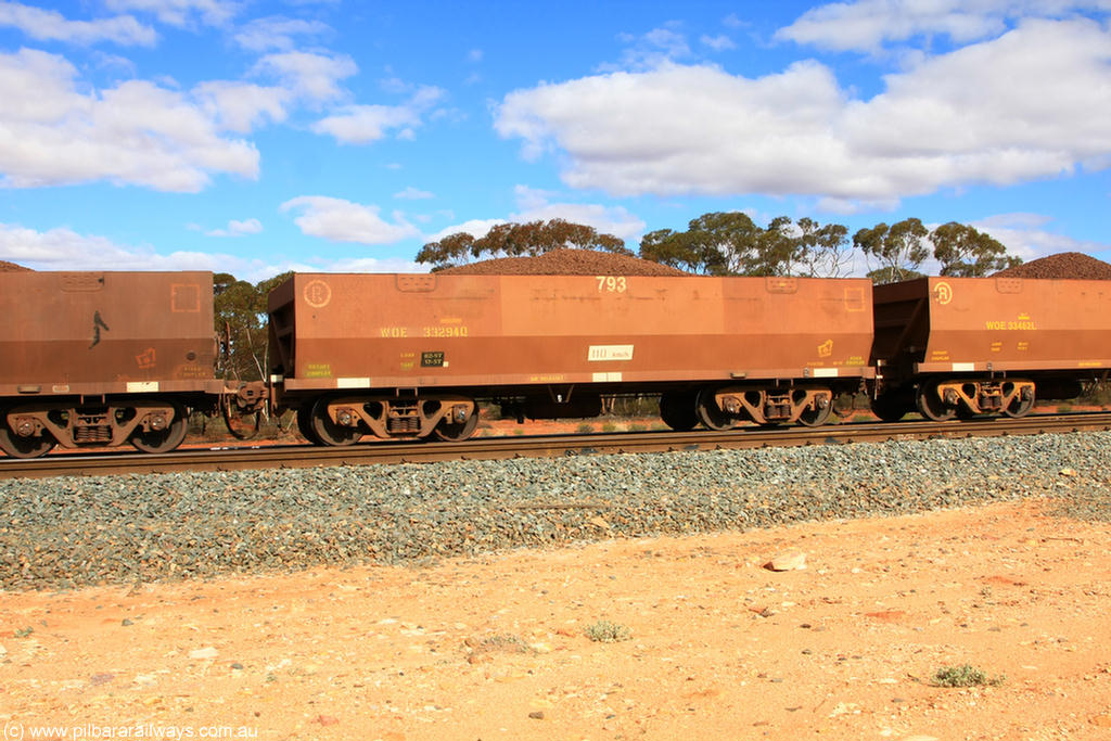 100731 02868
WOE type iron ore waggon WOE 33294 is one of a batch of thirty five built by United Goninan WA between January and April 2005 with serial number 950104-034 and fleet number 793 for Koolyanobbing iron ore operations, on loaded train 7415 at Binduli Triangle, 31st July 2010.
Keywords: WOE-type;WOE33294;United-Goninan-WA;950104-034;