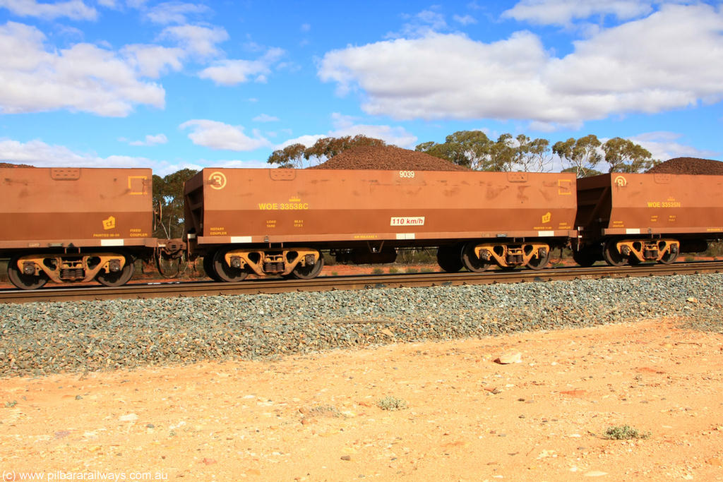 100731 02870
WOE type iron ore waggon WOE 33538 is one of a batch of one hundred and twenty eight built by United Group Rail WA between August 2008 and March 2009 with serial number 950211-078 and fleet number 9039 for Koolyanobbing iron ore operations, on loaded train 7415 at Binduli Triangle, 31st July 2010.
Keywords: WOE-type;WOE33538;United-Group-Rail-WA;950211-078;