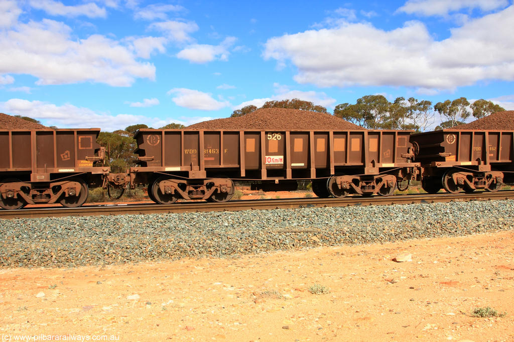 100731 02878
WOD type iron ore waggon WOD 31463 is one of a batch of sixty two built by Goninan WA between April and August 2000 with serial number 950086-035 and fleet number 526 for Koolyanobbing iron ore operations with a 75 ton capacity for Portman Mining to cart their Koolyanobbing iron ore to Esperance, now with PORTMAN painted out, on loaded train 7415 at Binduli Triangle, 31st July 2010.
Keywords: WOD-type;WOD31463;Goninan-WA;950086-035;