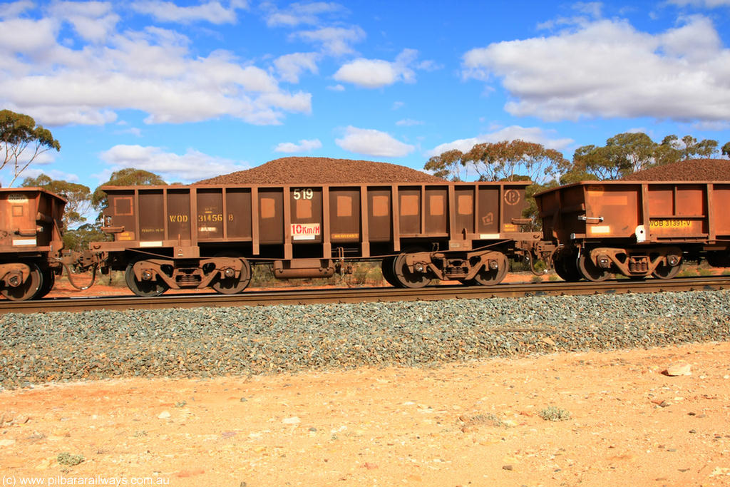 100731 02895
WOD type iron ore waggon WOD 31456 is one of a batch of sixty two built by Goninan WA between April and August 2000 with serial number 950086-028 and fleet number 519 for Koolyanobbing iron ore operations with a 75 ton capacity for Portman Mining to cart their Koolyanobbing iron ore to Esperance, now with PORTMAN painted out, on loaded train 7415 at Binduli Triangle, 31st July 2010.
Keywords: WOD-type;WOD31456;Goninan-WA;950086-028;