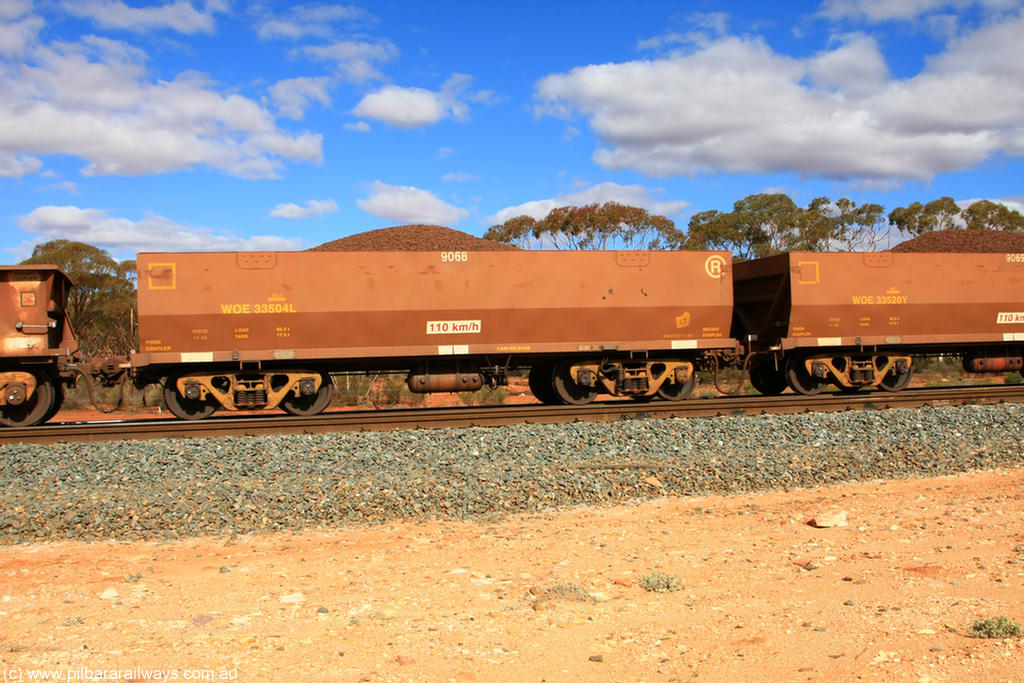 100731 02897
WOE type iron ore waggon WOE 33504 is one of a batch of one hundred and twenty eight built by United Group Rail WA between August 2008 and March 2009 with serial number 950211-044 and fleet number 9068 for Koolyanobbing iron ore operations, on loaded train 7415 at Binduli Triangle, 31st July 2010.
Keywords: WOE-type;WOE33504;United-Group-Rail-WA;950211-044;