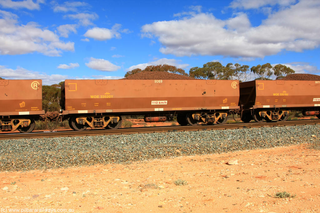 100731 02898
WOE type iron ore waggon WOE 33520 is one of a batch of one hundred and twenty eight built by United Group Rail WA between August 2008 and March 2009 with serial number 950211-060 and fleet number 9069 for Koolyanobbing iron ore operations, on loaded train 7415 at Binduli Triangle, 31st July 2010.
Keywords: WOE-type;WOE33520;United-Group-Rail-WA;950211-060;