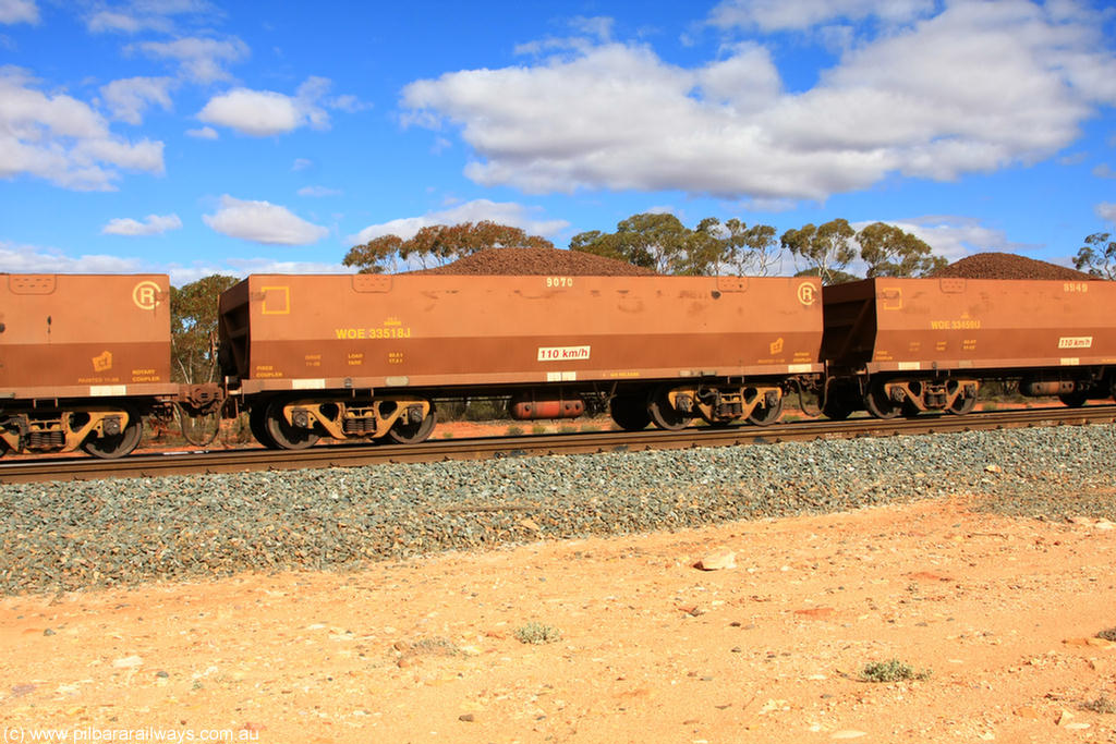 100731 02899
WOE type iron ore waggon WOE 33518 is one of a batch of one hundred and twenty eight built by United Group Rail WA between August 2008 and March 2009 with serial number 950211-058 and fleet number 9070 for Koolyanobbing iron ore operations, on loaded train 7415 at Binduli Triangle, 31st July 2010.
Keywords: WOE-type;WOE33518;United-Group-Rail-WA;950211-058;
