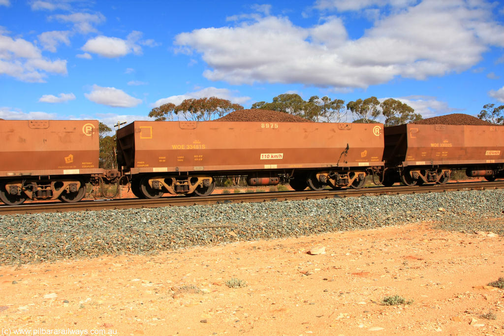 100731 02901
WOE type iron ore waggon WOE 33481 is one of a batch of one hundred and twenty eight built by United Group Rail WA between August 2008 and March 2009 with serial number 950211-023 and fleet number 8975 for Koolyanobbing iron ore operations, on loaded train 7415 at Binduli Triangle, 31st July 2010.
Keywords: WOE-type;WOE33481;United-Group-Rail-WA;950211-023;