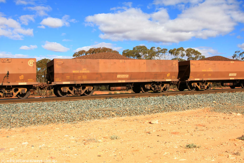 100731 02902
WOE type iron ore waggon WOE 33322 is one of a batch of one hundred and forty one built by United Goninan WA between November 2005 and April 2006 with serial number 950142-027 and fleet number 821 for Koolyanobbing iron ore operations, on loaded train 7415 at Binduli Triangle, 31st July 2010.
Keywords: WOE-type;WOE33322;United-Goninan-WA;950142-027;