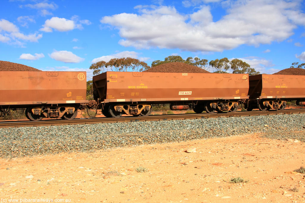 100731 02918
WOE type iron ore waggon WOE 33545 is one of a batch of one hundred and twenty eight built by United Group Rail WA between August 2008 and March 2009 with serial number 950211-085 and fleet number 9028 for Koolyanobbing iron ore operations, on loaded train 7415 at Binduli Triangle, 31st July 2010.
Keywords: WOE-type;WOE33545;United-Group-Rail-WA;950211-085;