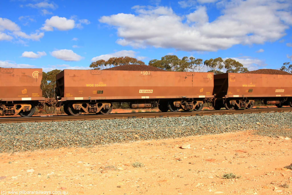 100731 02923
WOE type iron ore waggon WOE 33408 is one of a batch of one hundred and forty one built by United Group Rail WA between November 2005 and April 2006 with serial number 950142-113 and fleet number 8907 for Koolyanobbing iron ore operations, on loaded train 7415 at Binduli Triangle, 31st July 2010.
Keywords: WOE-type;WOE33408;United-Group-Rail-WA;950142-113;