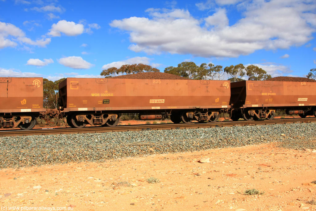 100731 02924
WOE type iron ore waggon WOE 33326 is one of a batch of one hundred and forty one built by United Goninan WA between November 2005 and April 2006 with serial number 950142-031 and fleet number 825 for Koolyanobbing iron ore operations, on loaded train 7415 at Binduli Triangle, 31st July 2010.
Keywords: WOE-type;WOE33326;United-Goninan-WA;950142-031;