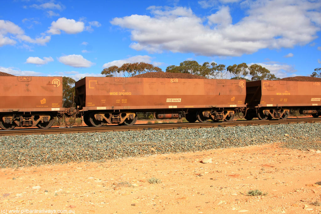 100731 02925
WOE type iron ore waggon WOE 33340 is one of a batch of one hundred and forty one built by United Goninan WA between November 2005 and April 2006 with serial number 950142-045 and fleet number 839 for Koolyanobbing iron ore operations, on loaded train 7415 at Binduli Triangle, 31st July 2010.
Keywords: WOE-type;WOE33340;United-Goninan-WA;950142-045;