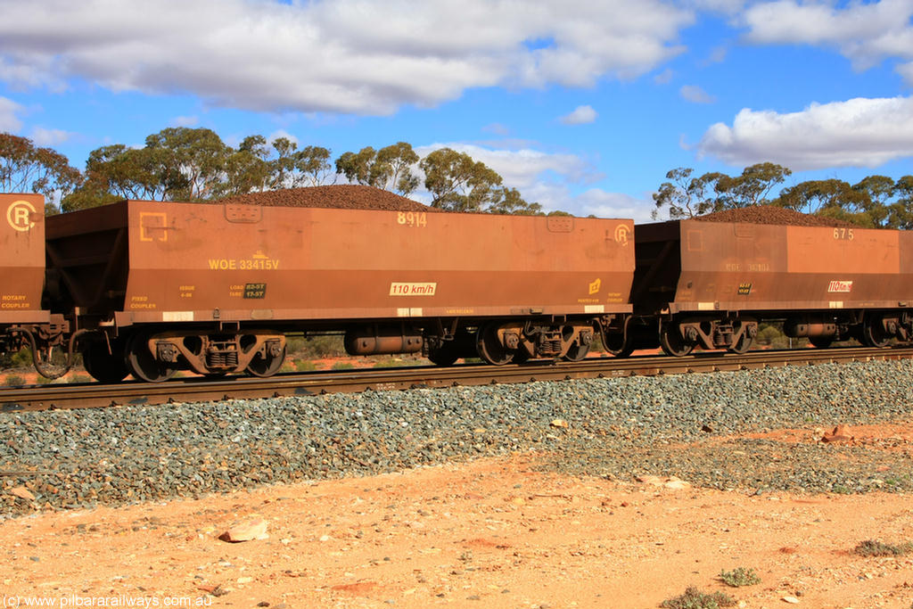 100731 02931
WOE type iron ore waggon WOE 33415 is one of a batch of one hundred and forty one built by United Group Rail WA between November 2005 and April 2006 with serial number 950142-120 and fleet number 8914 for Koolyanobbing iron ore operations, on loaded train 7415 at Binduli Triangle, 31st July 2010.
Keywords: WOE-type;WOE33415;United-Group-Rail-WA;950142-120;