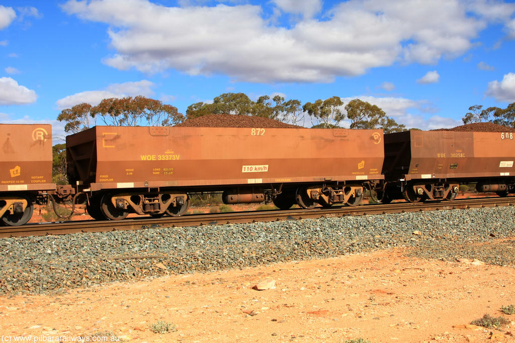 100731 02944
WOE type iron ore waggon WOE 33373 is one of a batch of one hundred and forty one built by United Goninan WA between November 2005 and April 2006 with serial number 950142-078 and fleet number 872 for Koolyanobbing iron ore operations, on loaded train 7415 at Binduli Triangle, 31st July 2010.
Keywords: WOE-type;WOE33373;United-Goninan-WA;950142-078;