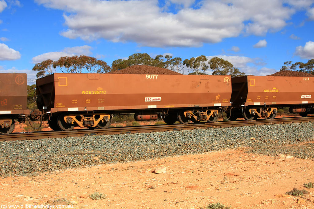 100731 02946
WOE type iron ore waggon WOE 33577 is one of a batch of one hundred and twenty eight built by United Group Rail WA between August 2008 and March 2009 with serial number 950211-117 and fleet number 9077 for Koolyanobbing iron ore operations, on loaded train 7415 at Binduli Triangle, 31st July 2010.
Keywords: WOE-type;WOE33577;United-Group-Rail-WA;950211-117;