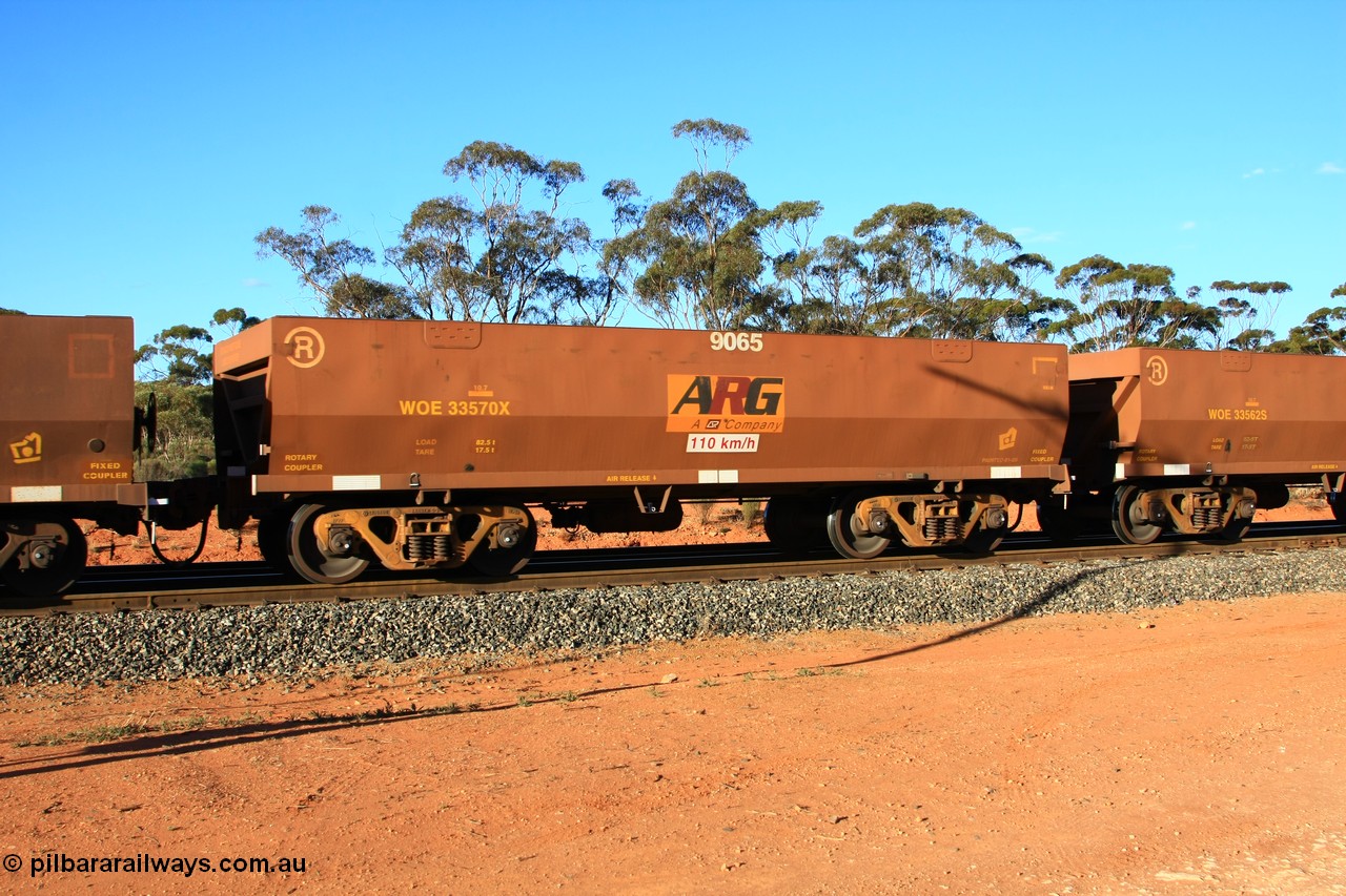 100731 03058
WOE type iron ore waggon WOE 33570 is one of a batch of one hundred and twenty eight built by United Group Rail WA between August 2008 and March 2009 with serial number 950211-110 and fleet number 9065 for Koolyanobbing iron ore operations, empty train arriving at Binduli Triangle, 31st July 2010.
Keywords: WOE-type;WOE33570;United-Group-Rail-WA;950211-110;