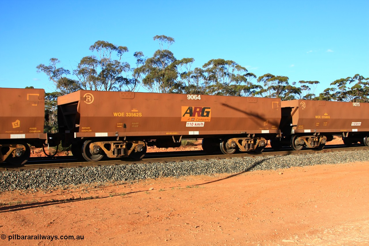 100731 03059
WOE type iron ore waggon WOE 33562 is one of a batch of one hundred and twenty eight built by United Group Rail WA between August 2008 and March 2009 with serial number 950211-102 and fleet number 9064 for Koolyanobbing iron ore operations, empty train arriving at Binduli Triangle, 31st July 2010.
Keywords: WOE-type;WOE33562;United-Group-Rail-WA;950211-102;