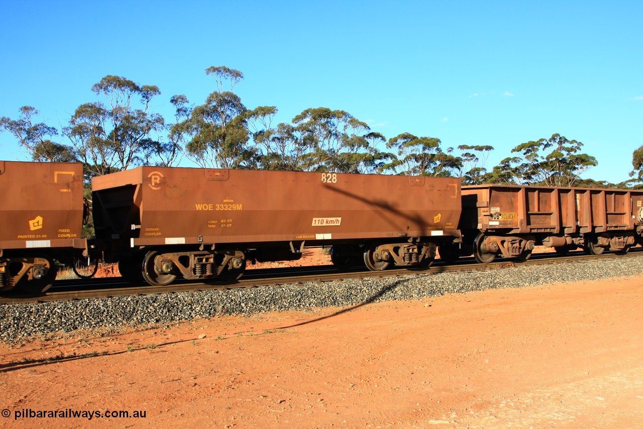 100731 03062
WOE type iron ore waggon WOE 33329 is one of a batch of one hundred and forty one built by United Goninan WA between November 2005 and April 2006 with serial number 950142-034 and fleet number 828 for Koolyanobbing iron ore operations, with and a reduced load of 82.5 tonnes, and with PORTMAN painted out, empty train arriving at Binduli Triangle, 31st July 2010.
Keywords: WOE-type;WOE33329;United-Goninan-WA;950142-034;