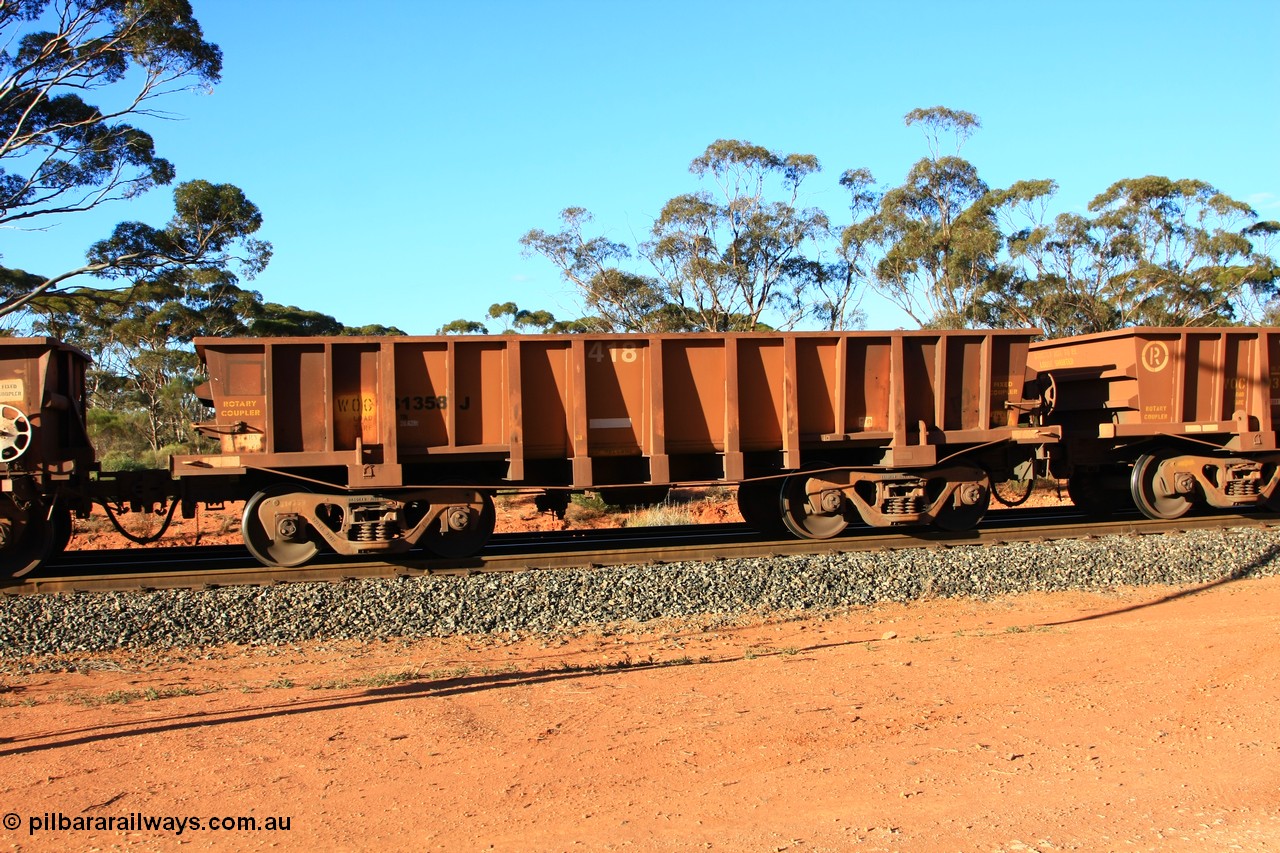 100731 03064
WOC type iron ore waggon WOC 31358 is one of a batch of thirty built by Goninan WA between October 1997 to January 1998 with fleet number 418 for Koolyanobbing iron ore operations with a 75 ton capacity and lettered for KIPL, Koolyanobbing Iron Pty Ltd which has had KIPL painted over, empty train arriving at Binduli Triangle, 31st July 2010.
Keywords: WOC-type;WOC31358;Goninan-WA;