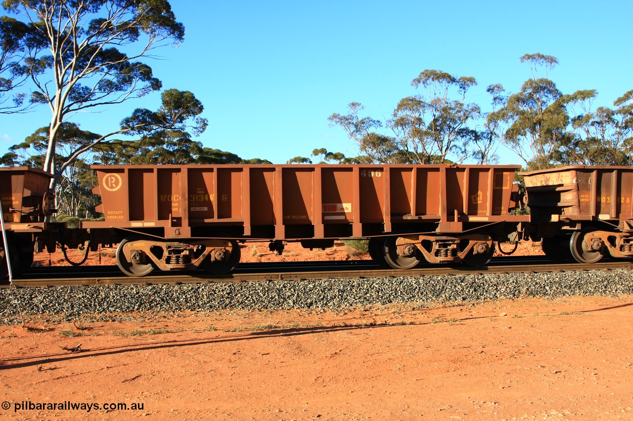 100731 03065
WOC type iron ore waggon WOC 31346 is one of a batch of thirty built by Goninan WA between October 1997 to January 1998 with fleet number 406 for Koolyanobbing iron ore operations with a 75 ton capacity and lettered for KIPL, Koolyanobbing Iron Pty Ltd which has had KIPL painted over, empty train arriving at Binduli Triangle, 31st July 2010.
Keywords: WOC-type;WOC31346;Goninan-WA;