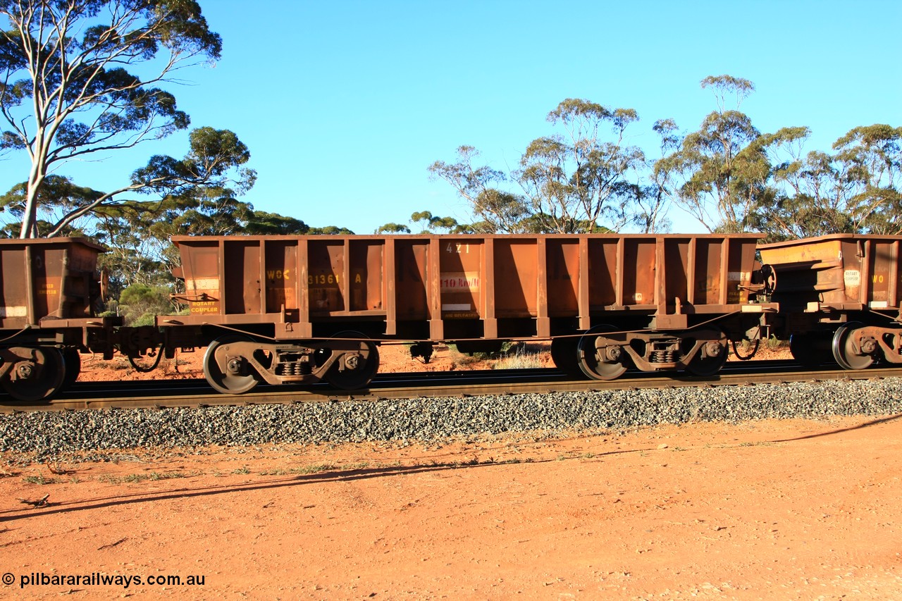 100731 03067
WOC type iron ore waggon WOC 31361 is one of a batch of thirty built by Goninan WA between October 1997 to January 1998 with fleet number 421 and build date of 12/1997, for Koolyanobbing iron ore operations with a 75 ton capacity and lettered for KIPL, Koolyanobbing Iron Pty Ltd with the I and P painted out, empty train arriving at Binduli Triangle, 31st July 2010.
Keywords: WOC-type;WOC31361;Goninan-WA;