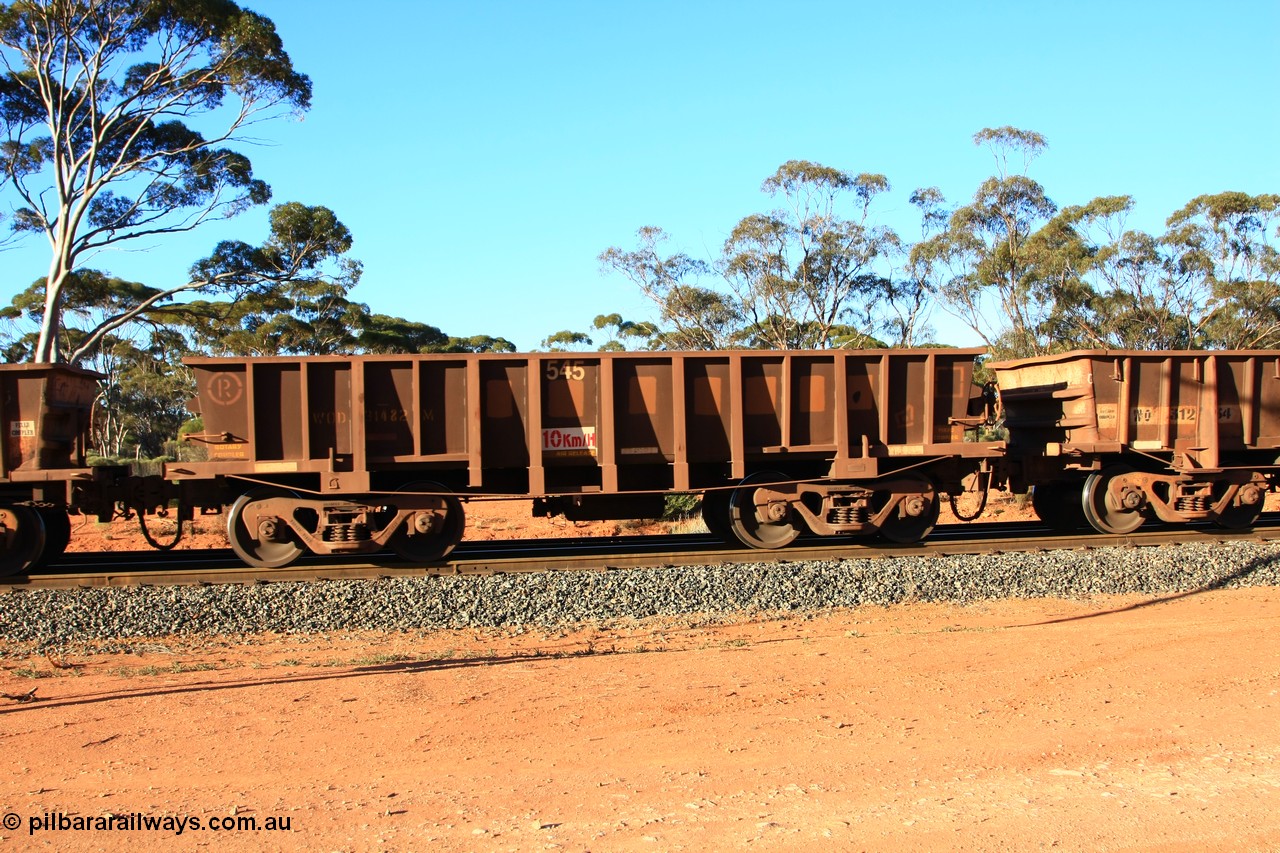 100731 03074
WOD type iron ore waggon WOD 31482 is one of a batch of sixty two built by Goninan WA between April and August 2000 with serial number 950086-054 and fleet number 545 for Koolyanobbing iron ore operations with a 75 ton capacity build date 07/2000, for Portman Mining to cart their Koolyanobbing iron ore to Esperance, PORTMAN has been painted out, empty train arriving at Binduli Triangle, 31st July 2010.
Keywords: WOD-type;WOD31482;Goninan-WA;950086-054;