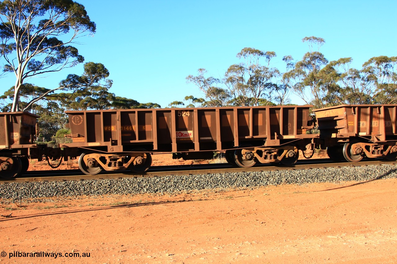 100731 03076
WOD type iron ore waggon WOD 31461 is one of a batch of sixty two built by Goninan WA between April and August 2000 with serial number 950086-033 and fleet number 524 for Koolyanobbing iron ore operations with a 75 ton capacity for Portman Mining to cart their Koolyanobbing iron ore to Esperance, PORTMAN has been painted out, empty train arriving at Binduli Triangle, 31st July 2010.
Keywords: WOD-type;WOD31461;Goninan-WA;950086-033